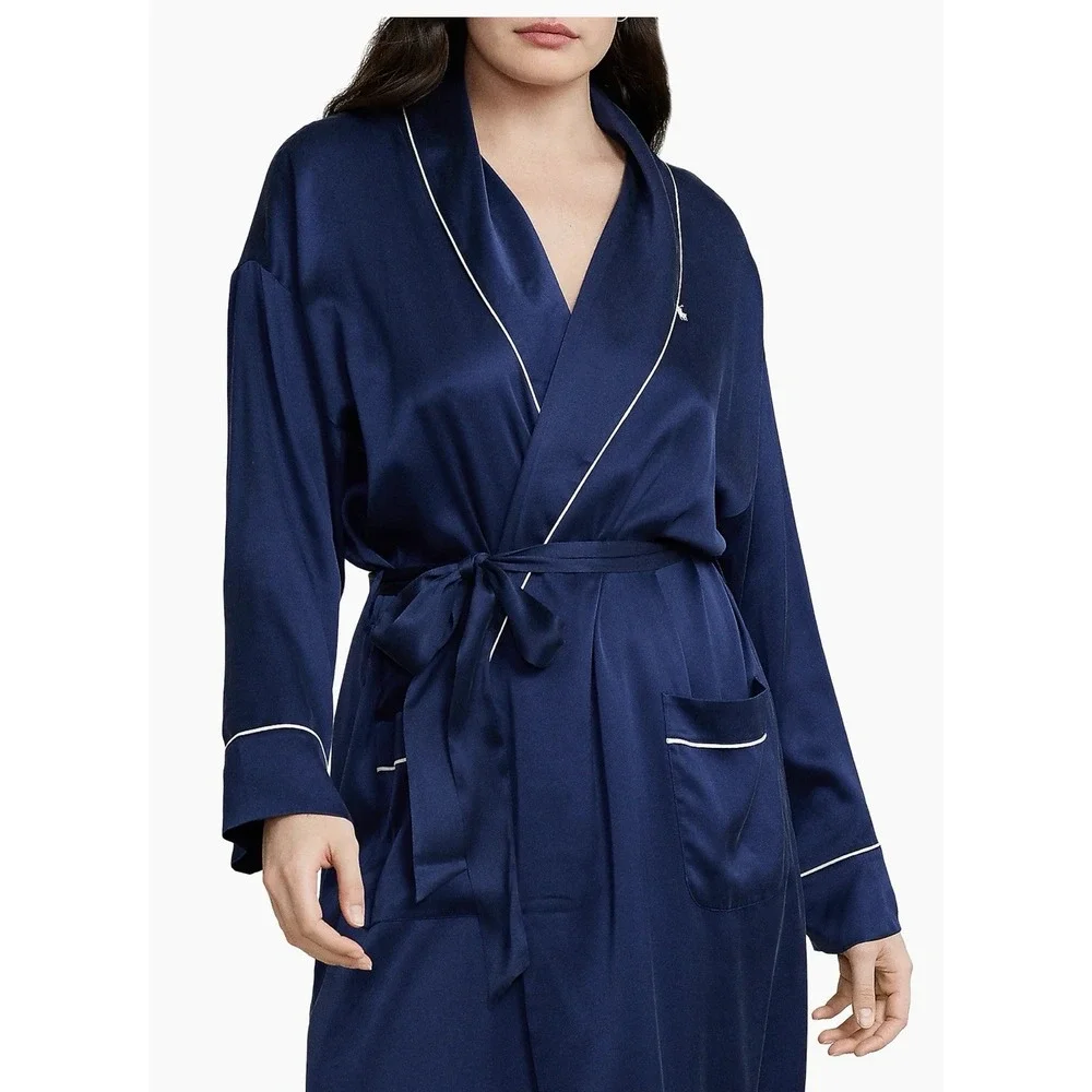 Polo Ralph Lauren XS Stretch Silk Heritage Navy Belted Women's Long Robe(No Belt